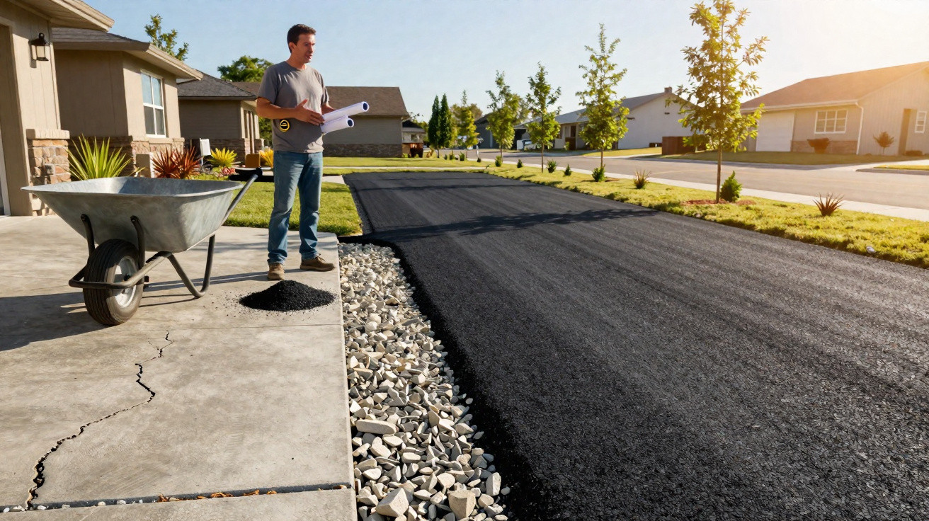 Man holding blueprints stands by wheelbarrow on cracked pavement next to freshly paved black asphalt driveway.