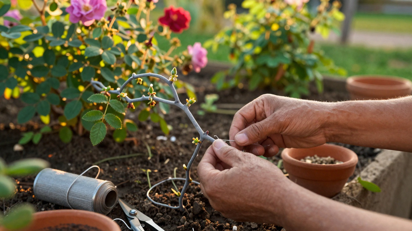 Hands tying a small plant to a support stick in a garden bed with flowers and gardening tools nearby.