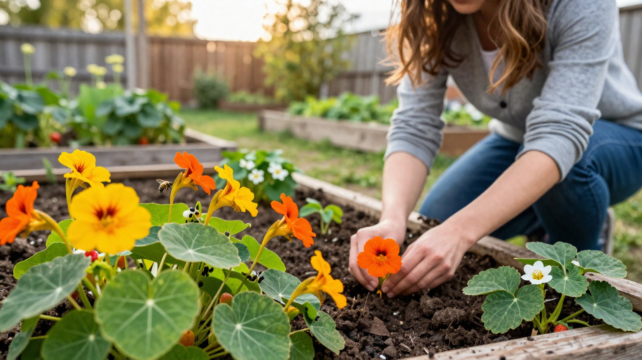 Person planting orange and yellow flowers in a raised garden bed outdoors in a backyard.