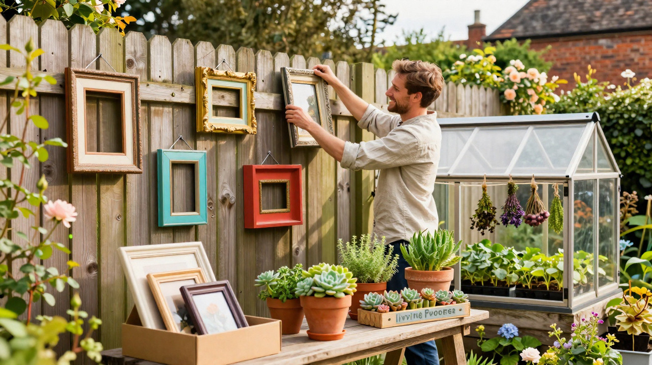 Man hanging empty picture frames on wooden fence in garden with potted plants and greenhouse nearby