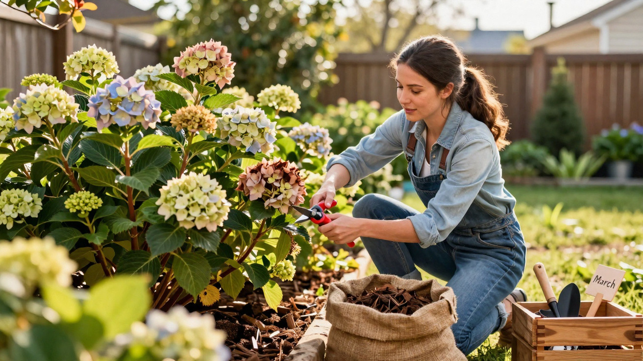 Woman pruning hydrangea flowers in a sunlit garden with gardening tools and a sack of mulch nearby.