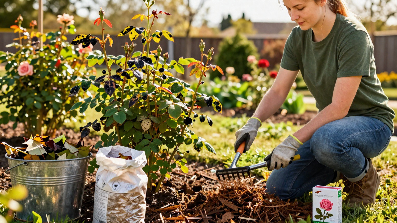 Woman wearing gloves carefully mulching soil around rose bushes in a sunlit garden on a clear day.