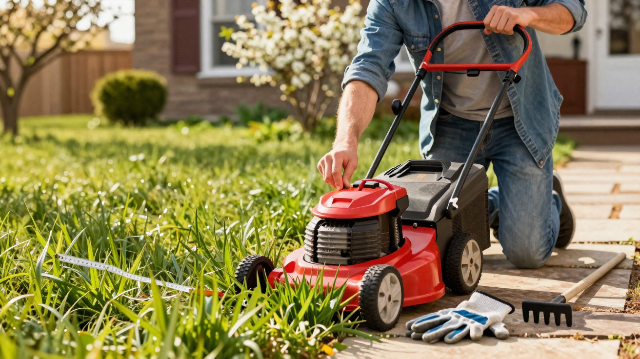 Person kneeling to start a red lawn mower near overgrown grass and gardening tools by a house.