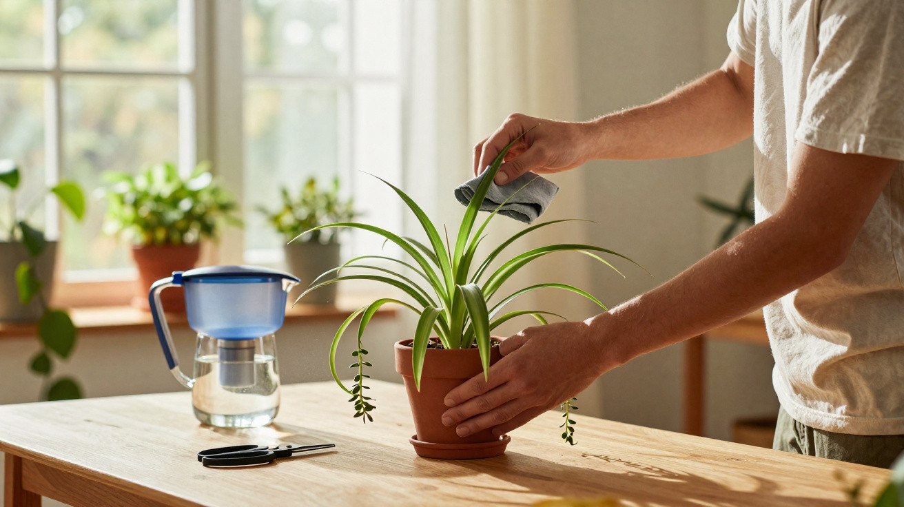 Person trimming a green potted plant on a wooden table in a sunlit room with plants by the window.