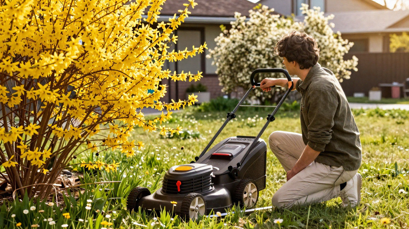 Person kneeling beside a lawn mower in a garden with yellow and white flowering shrubs in the background.