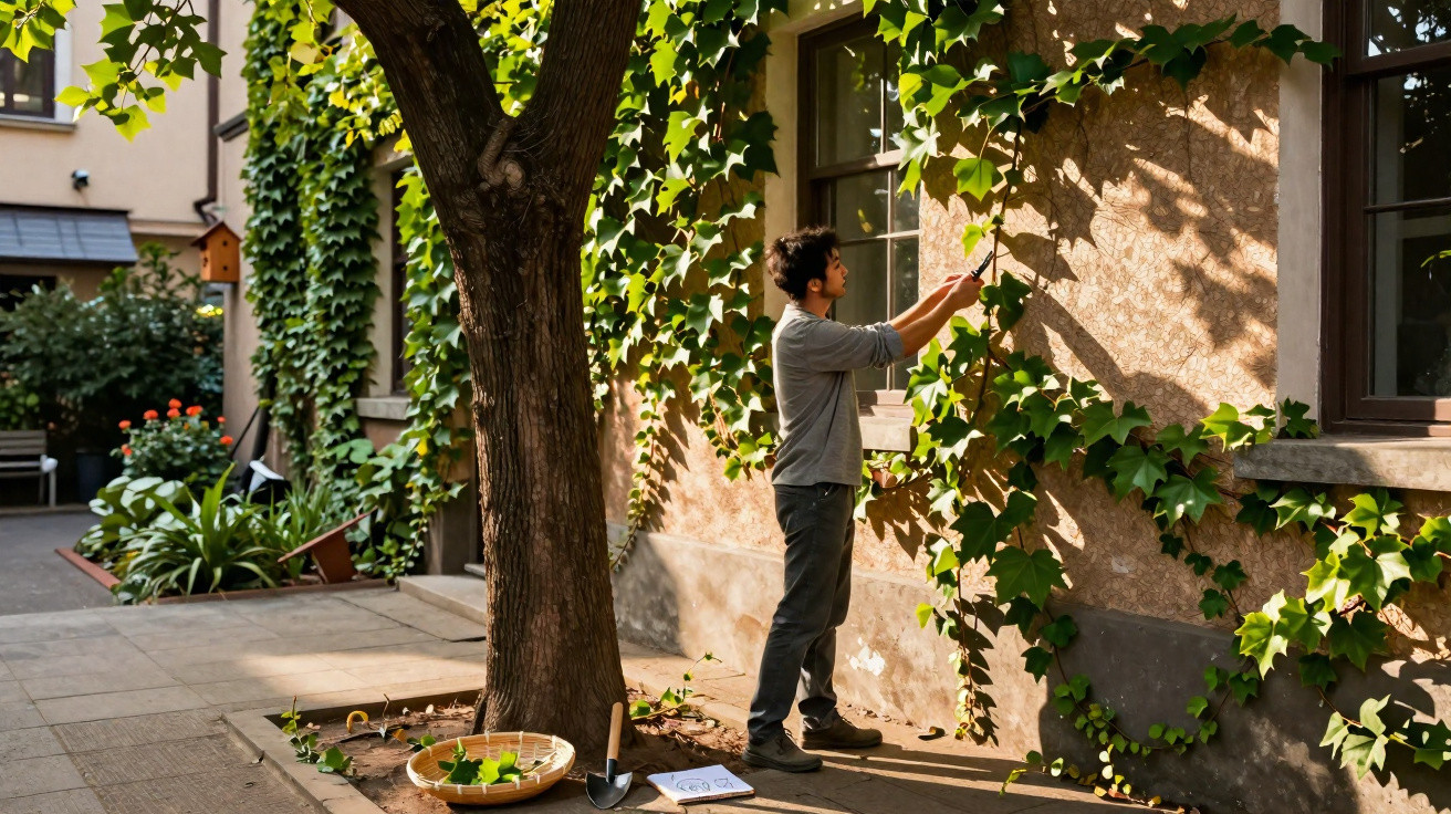 Man trimming ivy growing on a sunlit wall outside a house in a garden courtyard.