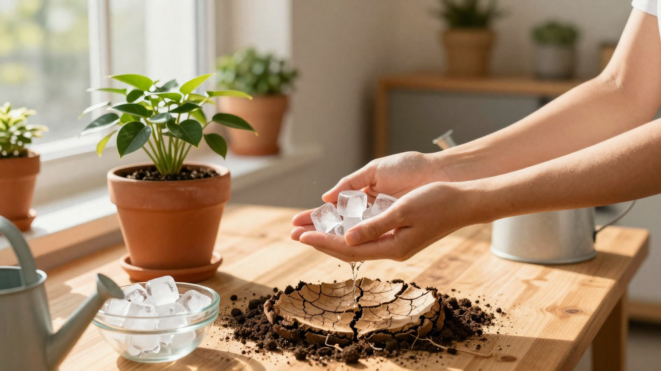 Hands holding ice cubes over cracked dry soil in a pot with scattered soil on a wooden table near plants.