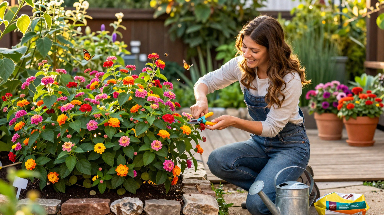 Woman pruning colourful flowers in a sunny garden with a watering can and gardening tools nearby.