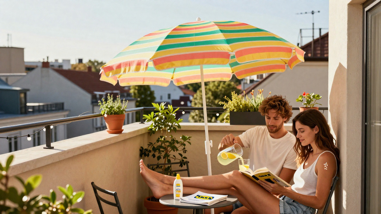 Couple relaxing on a balcony under a striped umbrella, pouring lemonade and reading a book on a sunny day.
