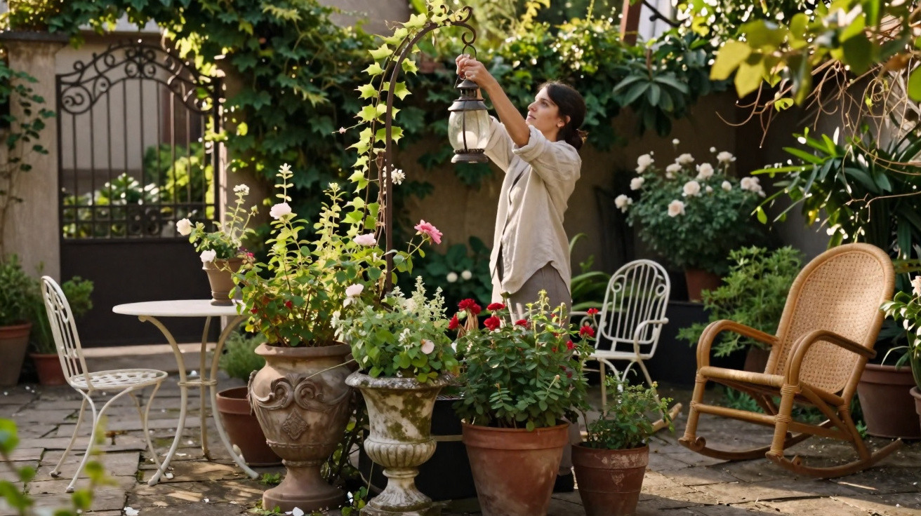 Woman adjusting a hanging lantern in a lush garden patio surrounded by potted plants and outdoor furniture.