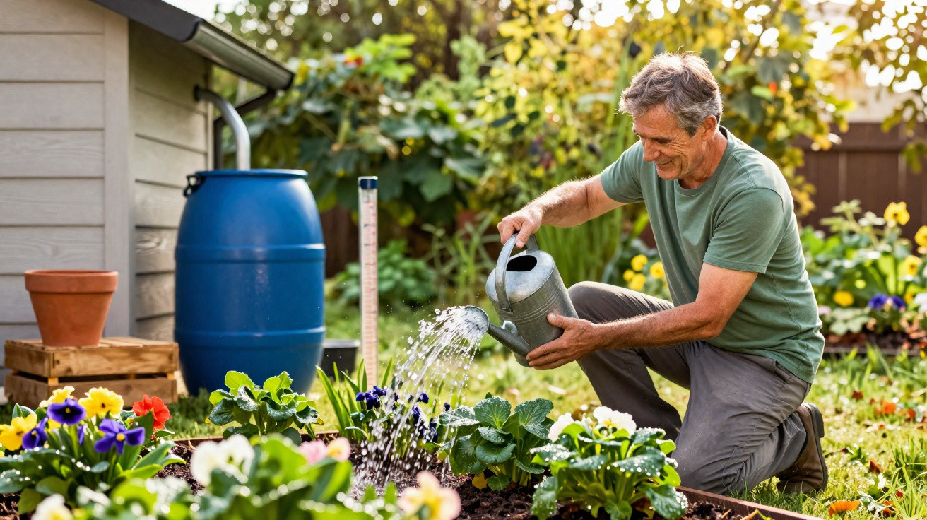 Man kneeling in garden watering colourful flowers with a metal watering can on a sunny day
