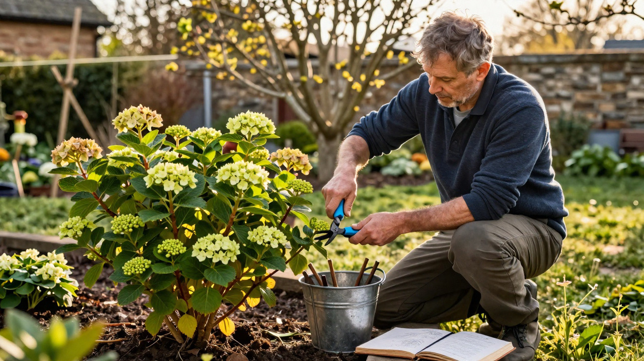 Man pruning a flowering shrub in a garden with pruning shears and open book nearby in spring.