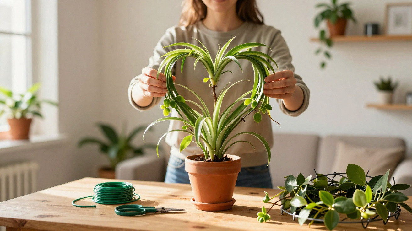 Person shaping a spider plant's leaves into a heart in a terracotta pot on a wooden table.