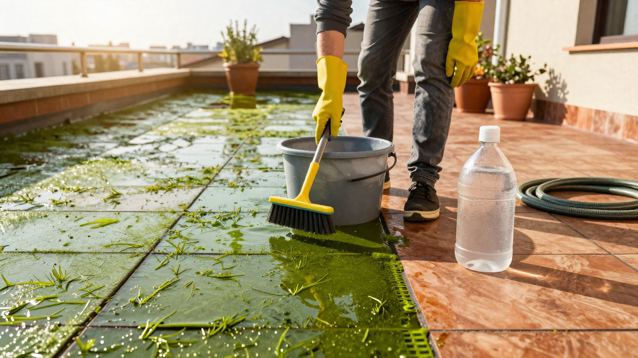 Person wearing yellow gloves scrubbing green algae off outdoor tiled floor with brush and water bucket nearby.