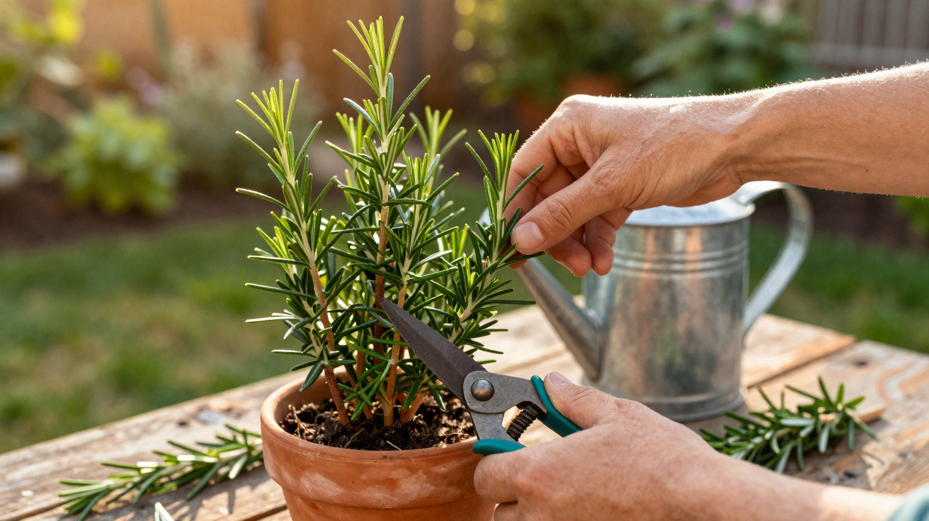 Hands using garden scissors to trim a potted rosemary plant on a wooden table outdoors with a watering can nearby