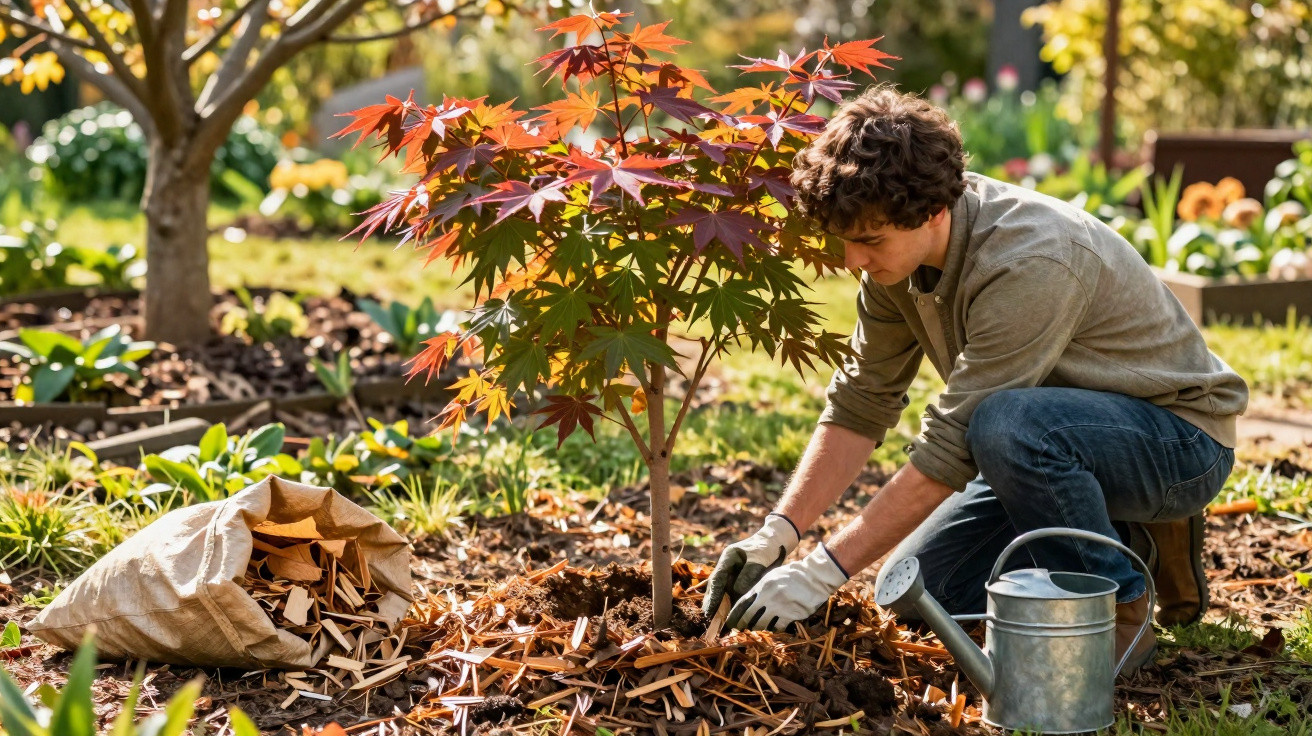Person mulching around a small tree with red leaves in a sunny garden.