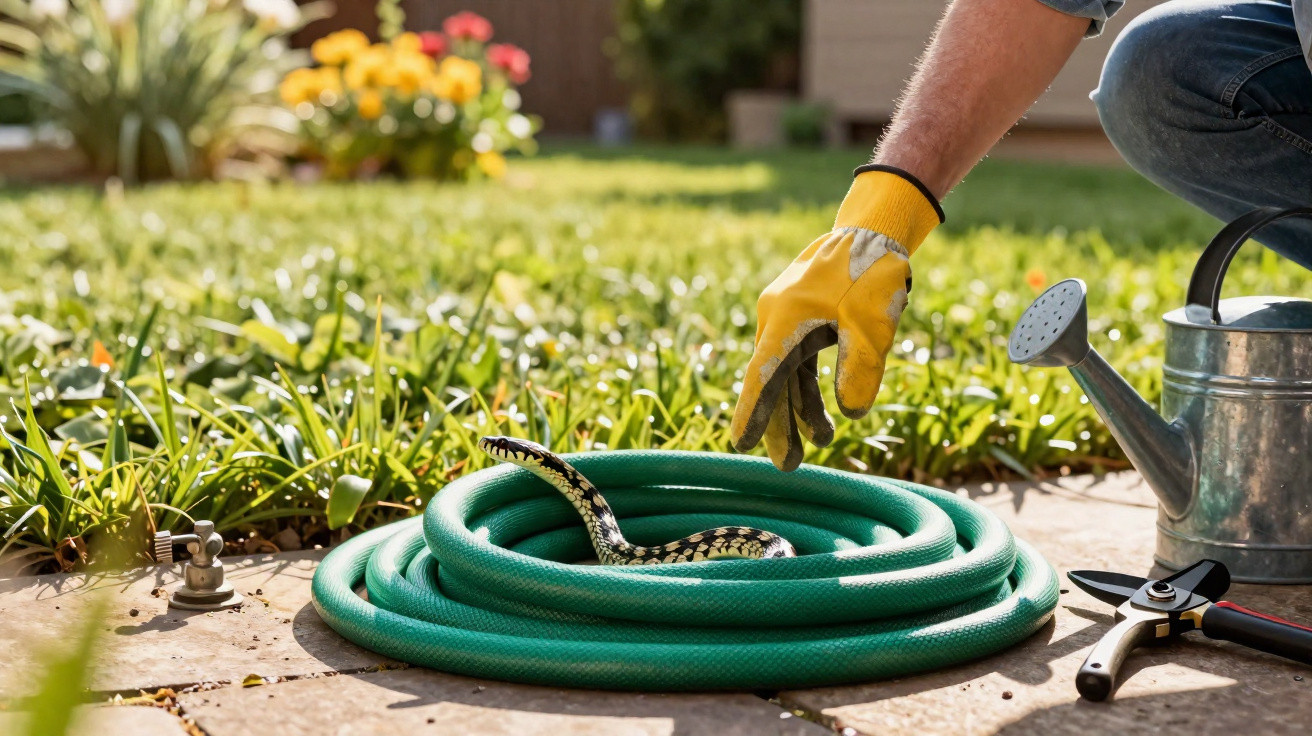 Person wearing a glove reaching towards a snake coiled inside a green garden hose outside.