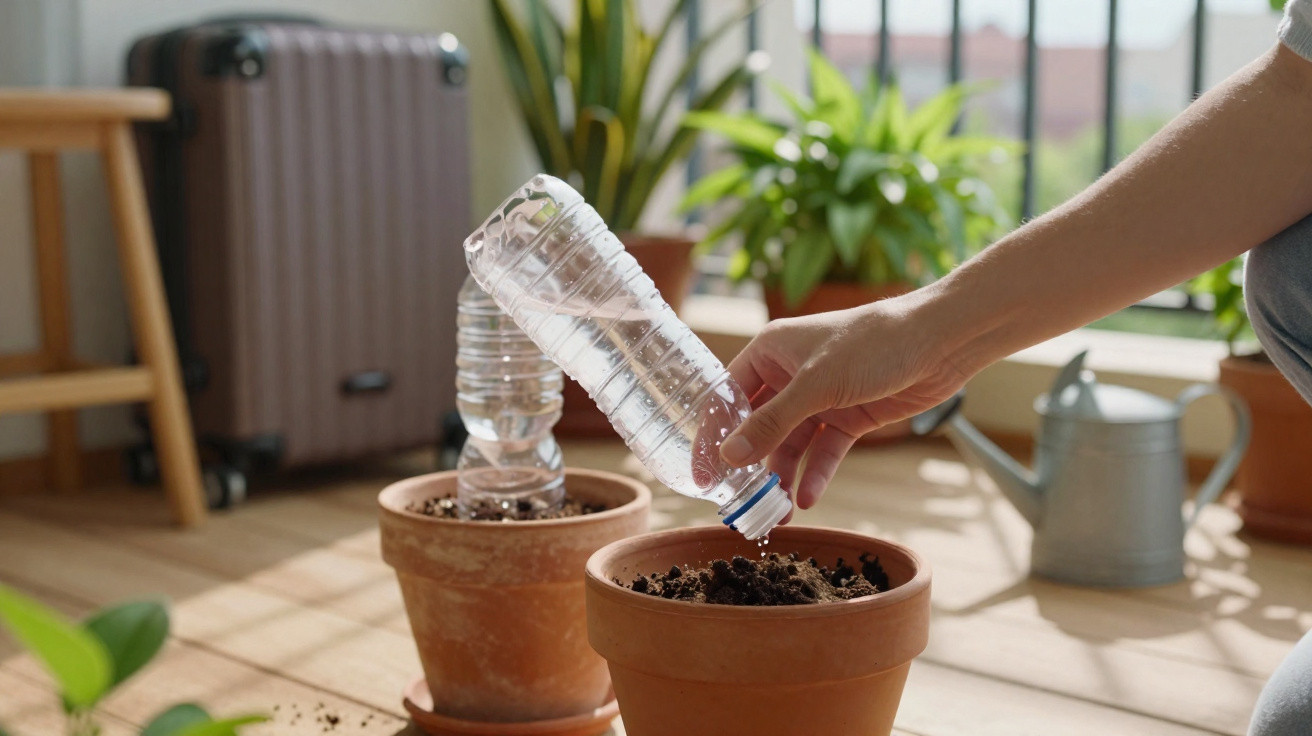 Hand watering soil in terracotta pot with a plastic water bottle on a sunlit balcony garden.