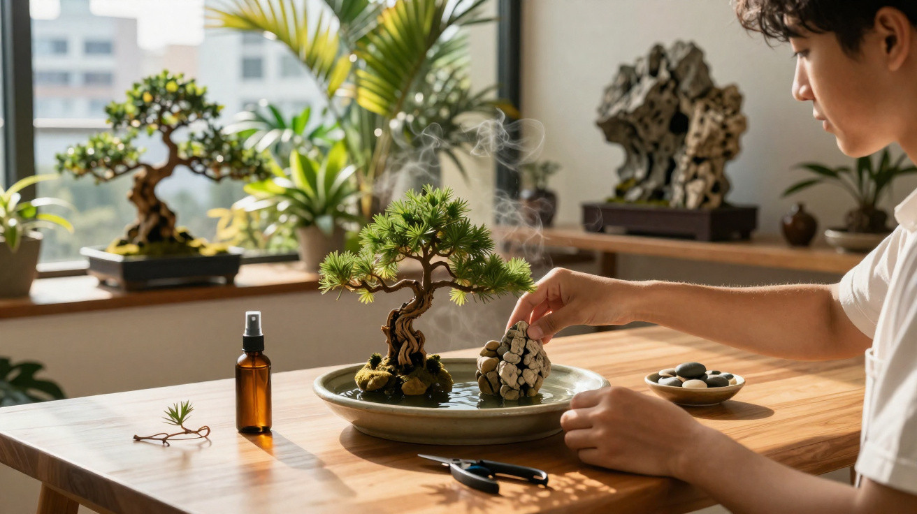 Person arranging a bonsai tree on a wooden table with plants and bonsai tools in a sunlit room.