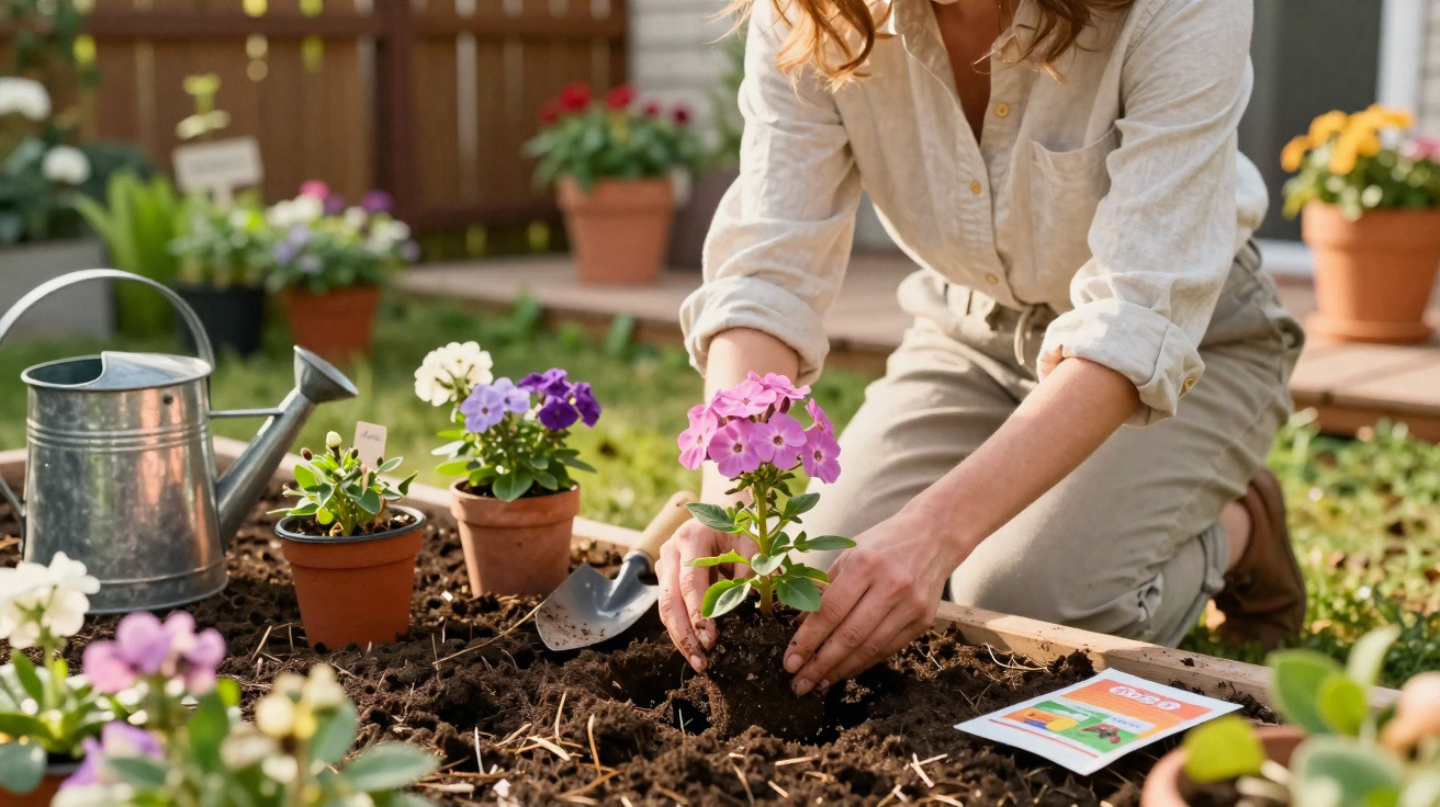 Person planting a pink flowering plant in a garden bed surrounded by pots and gardening tools.