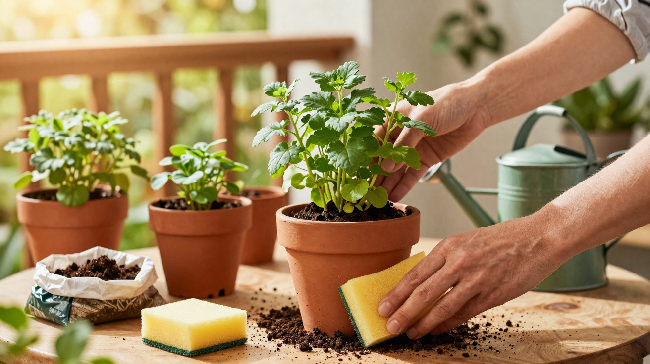 Person cleaning terracotta pot with yellow sponge, green plants in pots, watering can, and soil on wooden table.
