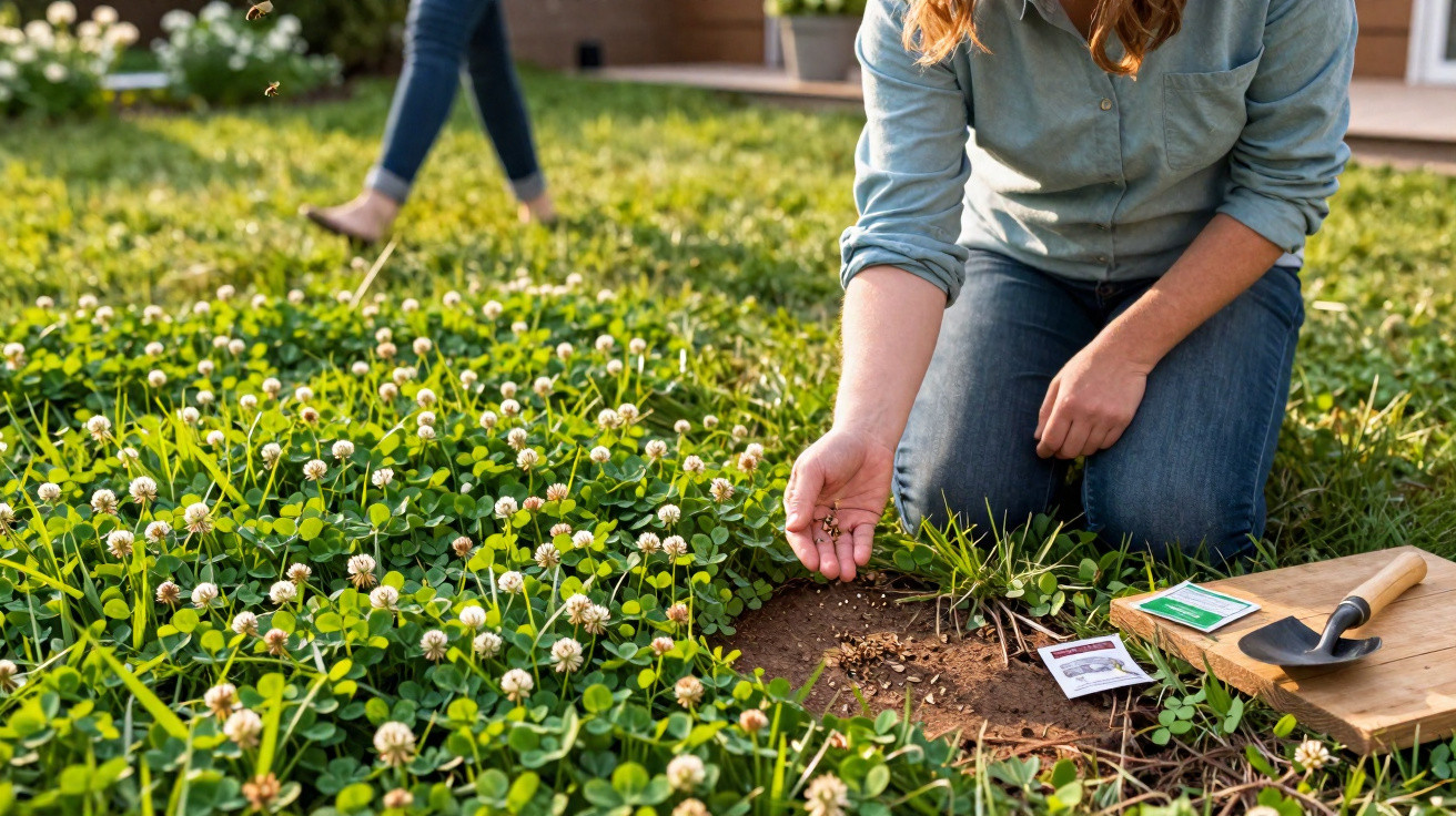 Person kneeling on grass planting seeds with gardening tools nearby and another person walking away in the background.