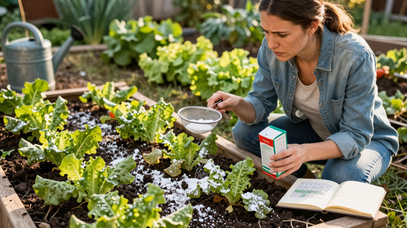 Woman sprinkling fertiliser on lettuce plants in a raised garden bed with a gardening book open nearby.