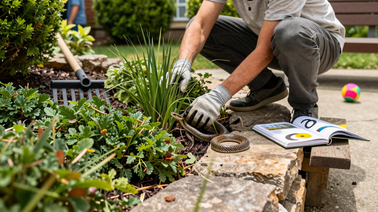 Person wearing gloves safely removing a snake from a garden bed with plants and an open book nearby.