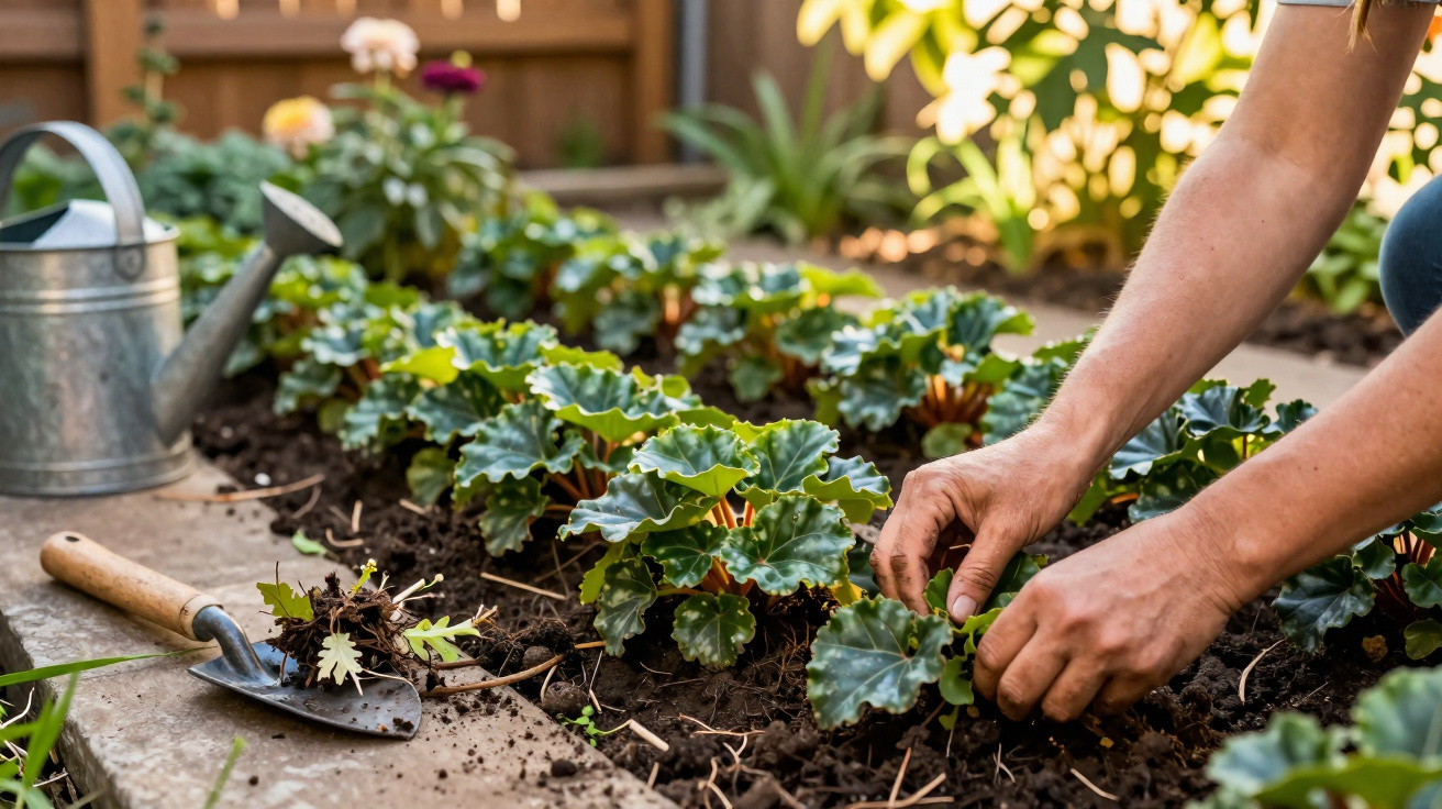 Person planting green leafy plants in a garden bed with gardening tools and watering can nearby.