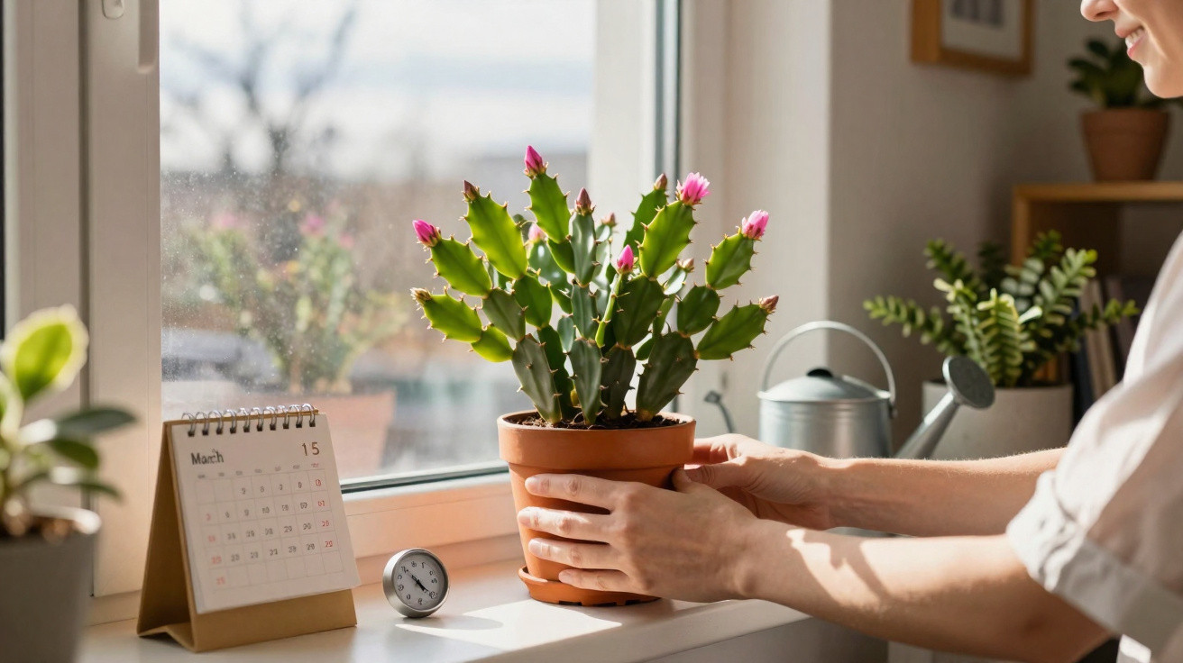 Person placing a blooming cactus plant in a terracotta pot on a sunlit windowsill with a calendar and watering can nearby