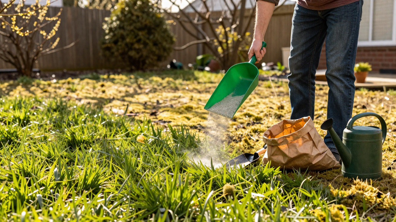 Person spreading fertiliser granules on a garden lawn with watering can and paper bag nearby.