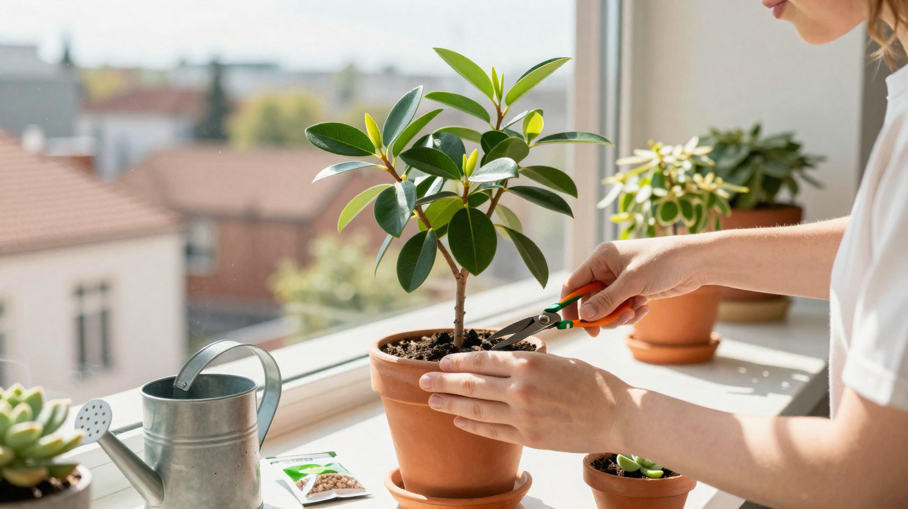 Person pruning a potted plant on a sunny windowsill surrounded by other small plants and a watering can.
