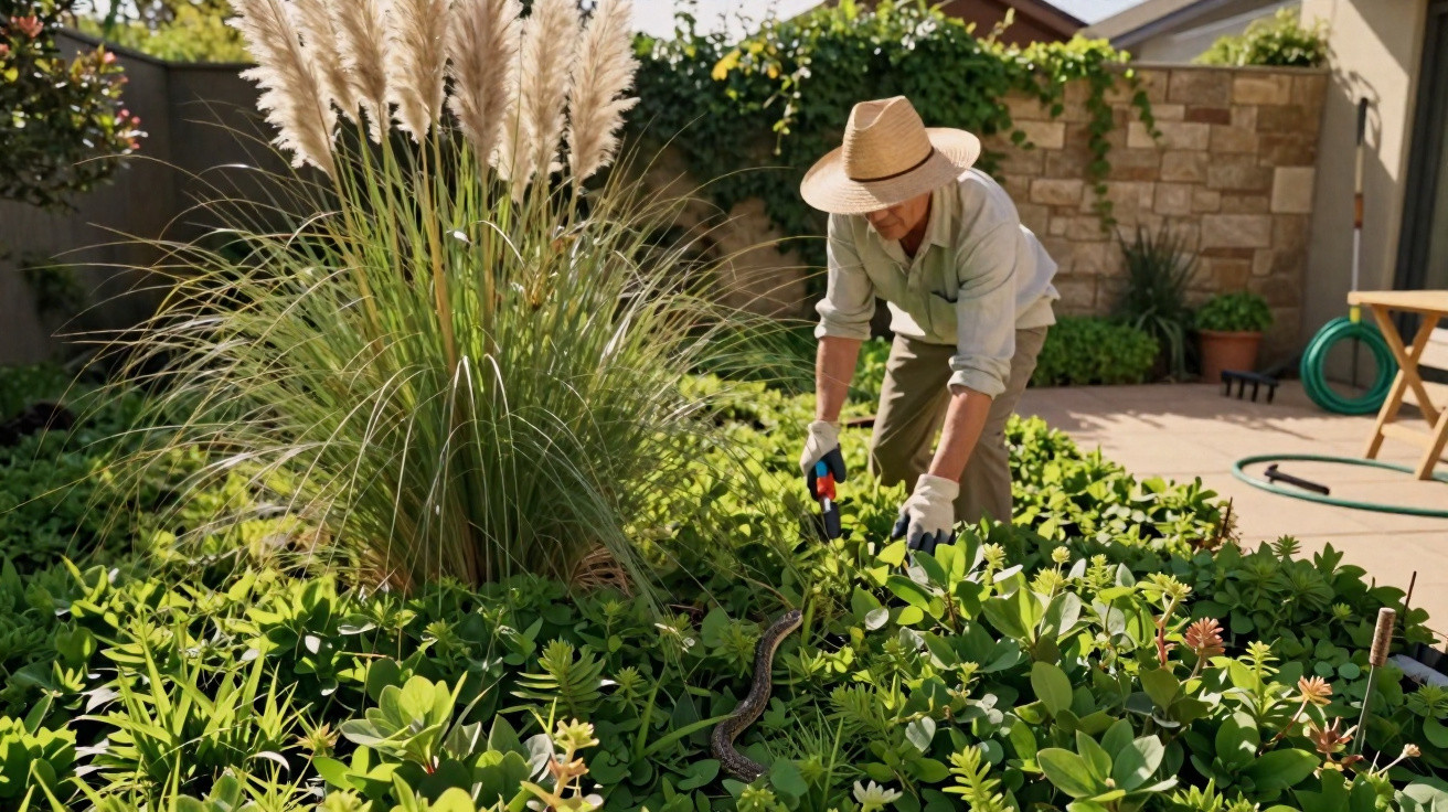 Person wearing a straw hat and gloves using garden shears near a snake in a lush green garden.