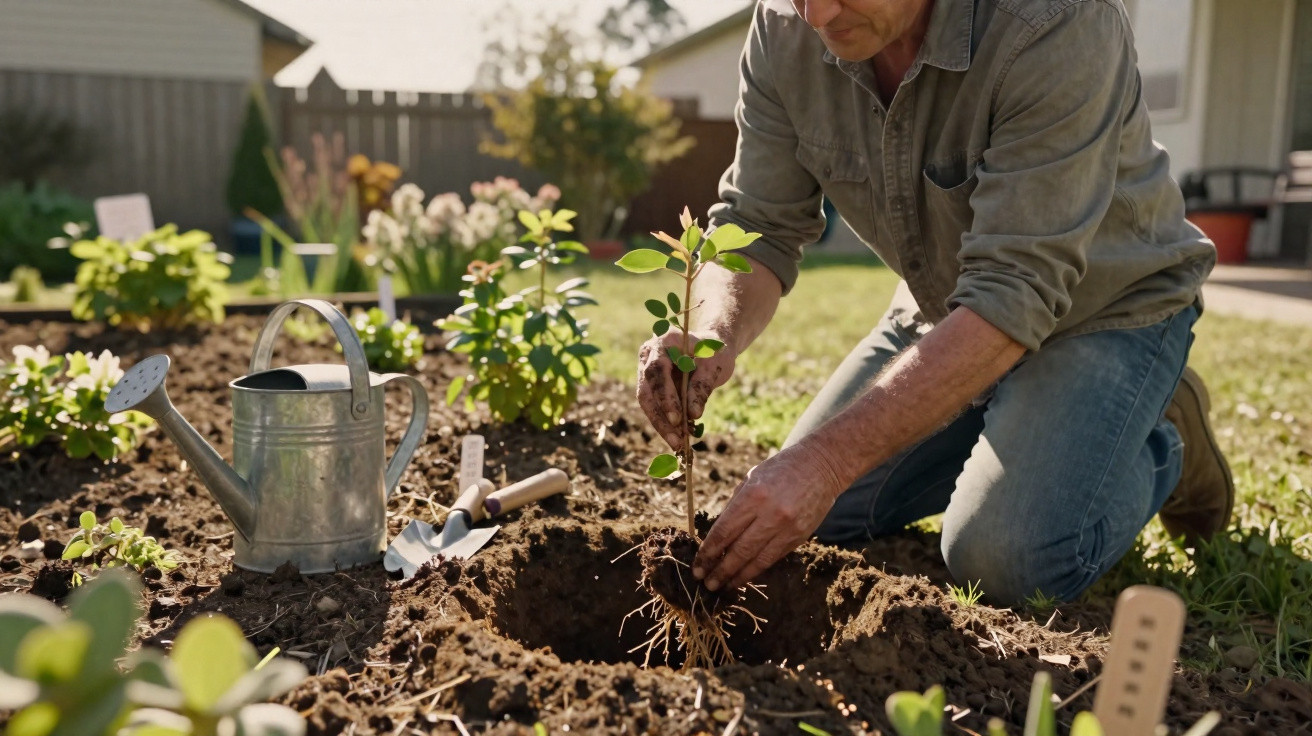 Person planting a young sapling in a garden bed with gardening tools and a watering can nearby.