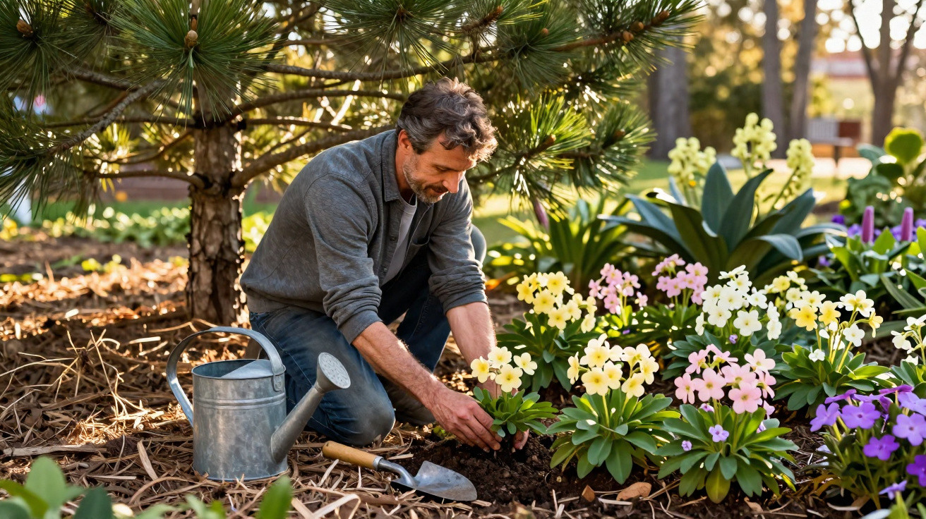 Man kneeling in garden planting yellow and pink flowers beside a watering can and gardening trowel under a pine tree.