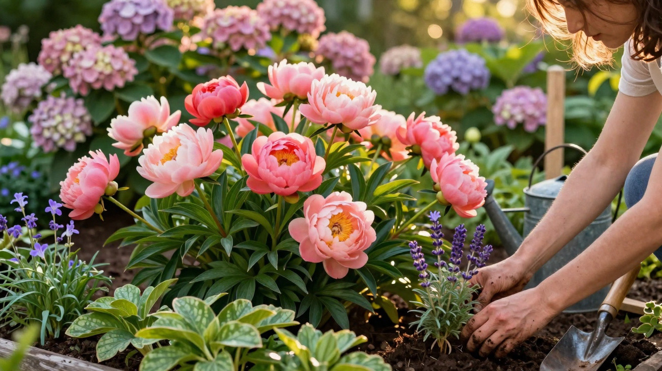 Person planting lavender in a garden bed with blooming pink peonies and purple hydrangeas in bright sunlight.