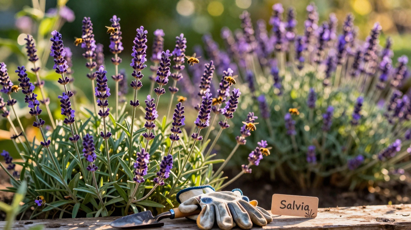 Lavender plants with bees flying around and gardening gloves with a small spade on a wooden surface.