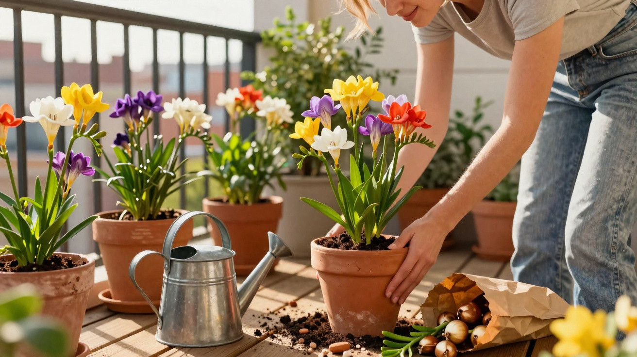 Person planting colourful crocus flowers in terracotta pots on a sunlit balcony with gardening tools nearby.