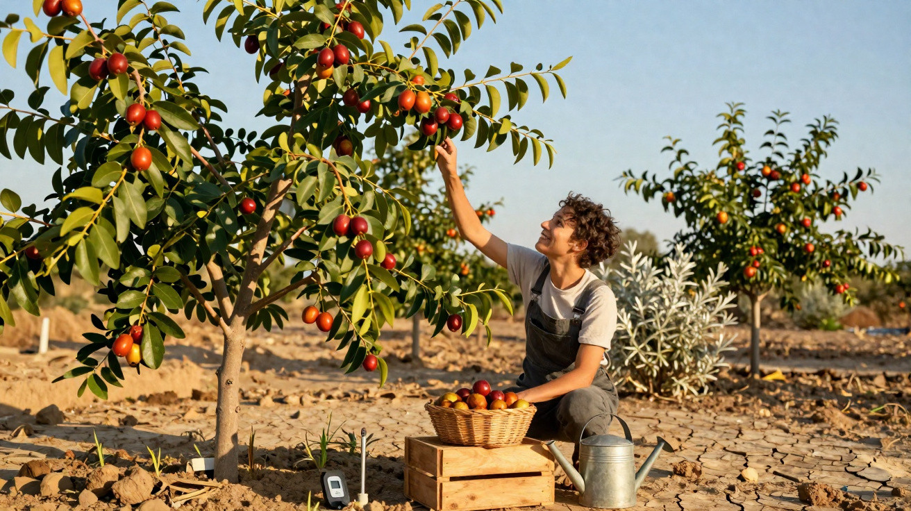 Person picking ripe red fruits from a tree in a dry orchard with a basket and watering can nearby.