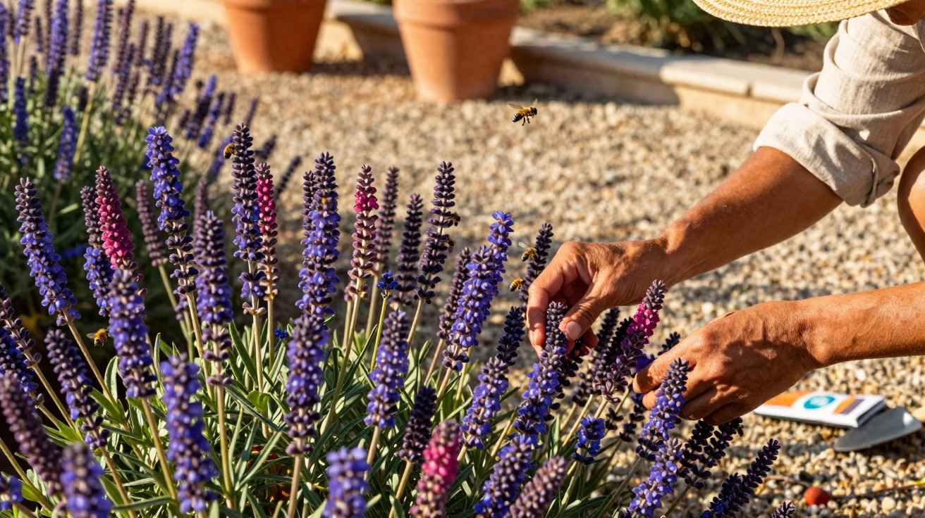 Person tending to purple and pink lupine flowers in a sunlit garden with bees flying nearby.