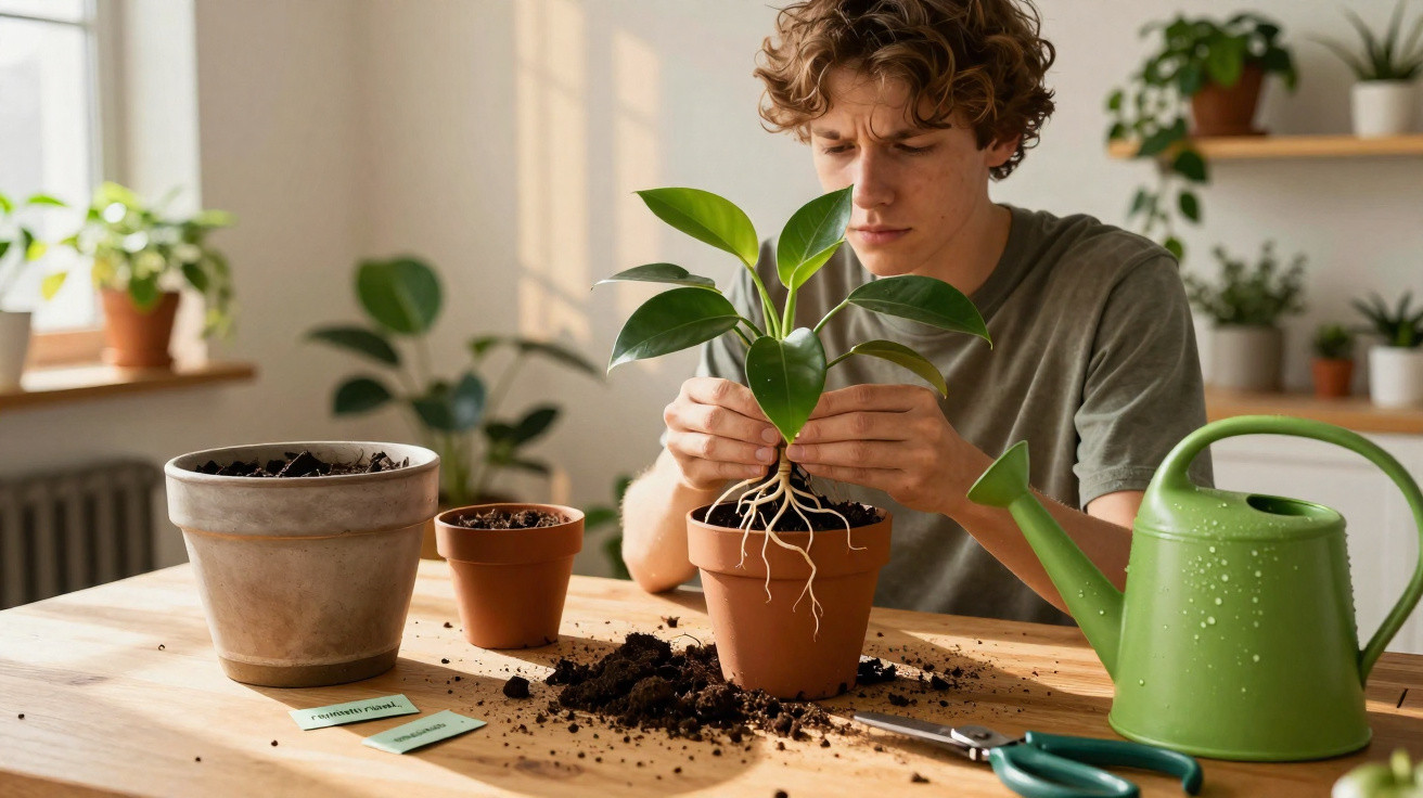 Young man repotting a green plant indoors with soil and gardening tools on a wooden table.