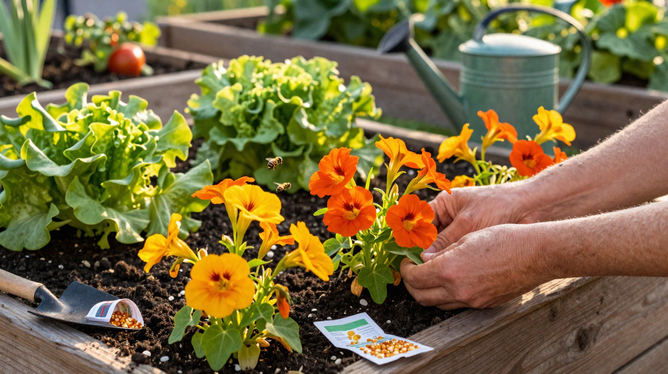 Hands planting orange flowers in a raised wooden garden bed with lettuce, bees, seeds, and a watering can nearby.