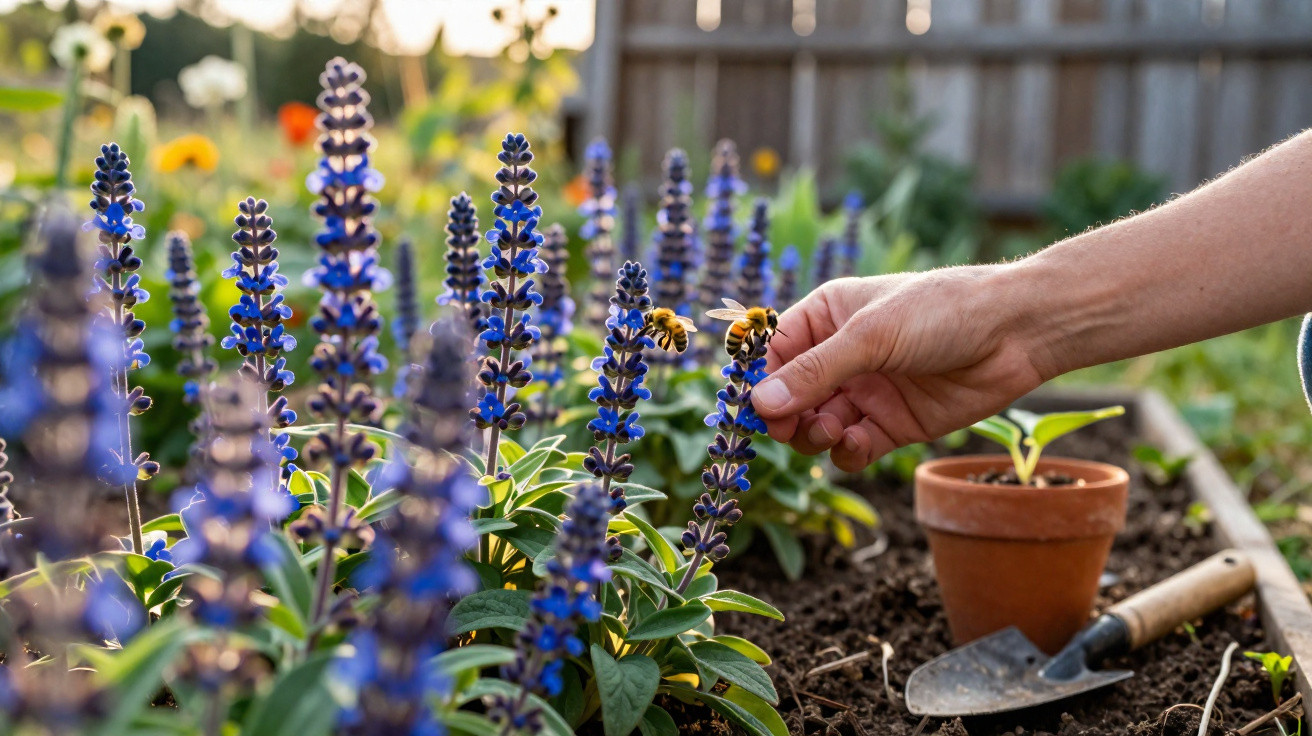 A hand gently touching a bee on a spiked purple flower in a garden with gardening tools nearby.
