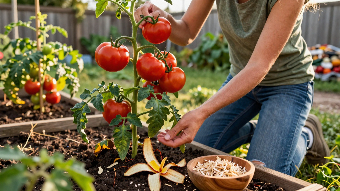 Person tending ripe tomatoes in a garden bed with a wooden bowl of seeds and banana peel on the soil.