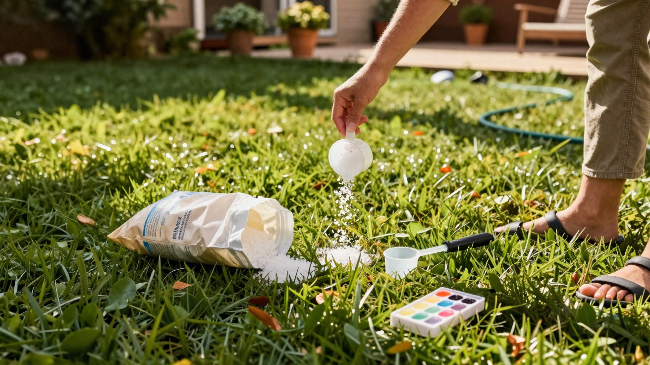 Person in sandals pouring powdered lawn treatment from a scoop onto grass in a sunny garden.