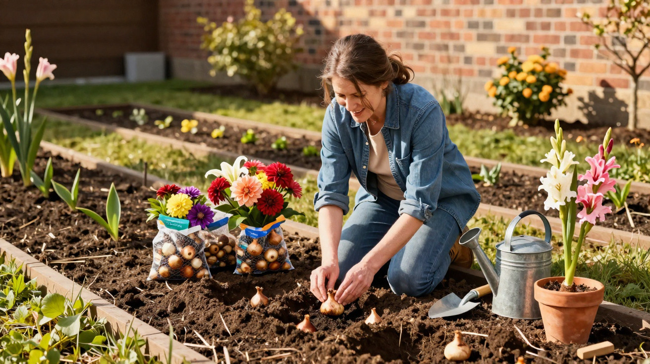 Woman planting flower bulbs in a garden bed surrounded by gardening tools and blooming flowers.