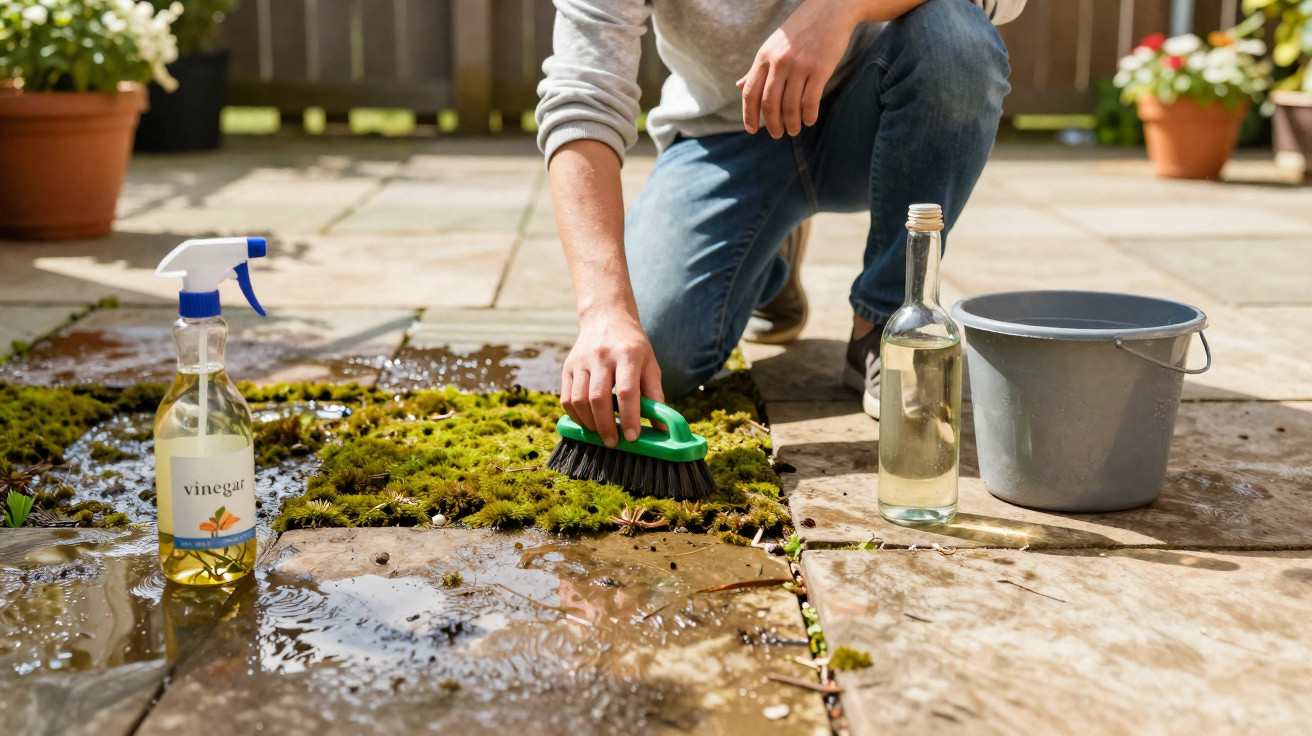 Person scrubbing moss off patio stones with a brush, vinegar spray bottle, water bucket, and clear bottle nearby.