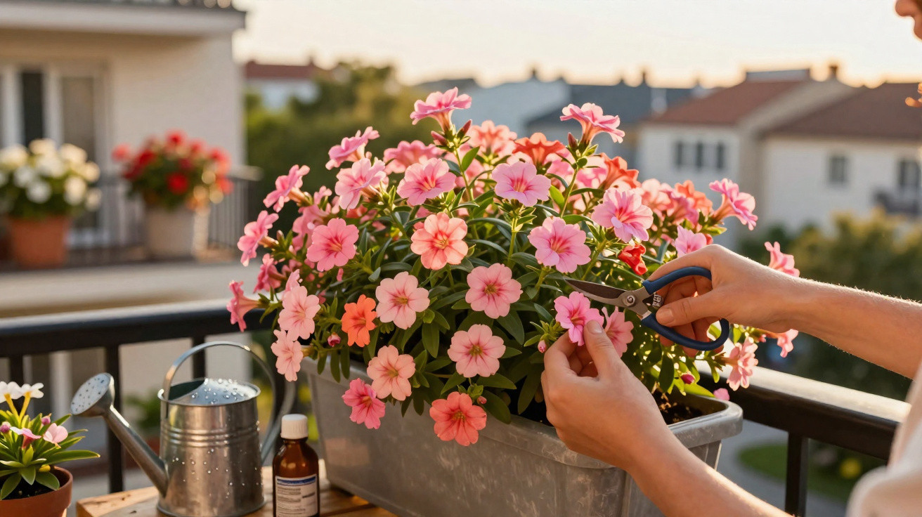 Hands trimming pink flowers in a planter on a balcony with watering can and houses in the background.