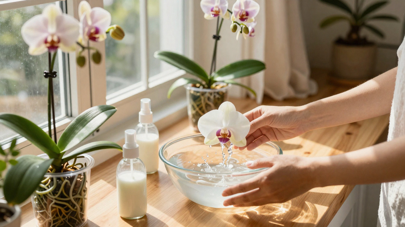Person rinsing a white orchid flower over a glass bowl on a wooden windowsill with potted orchids.