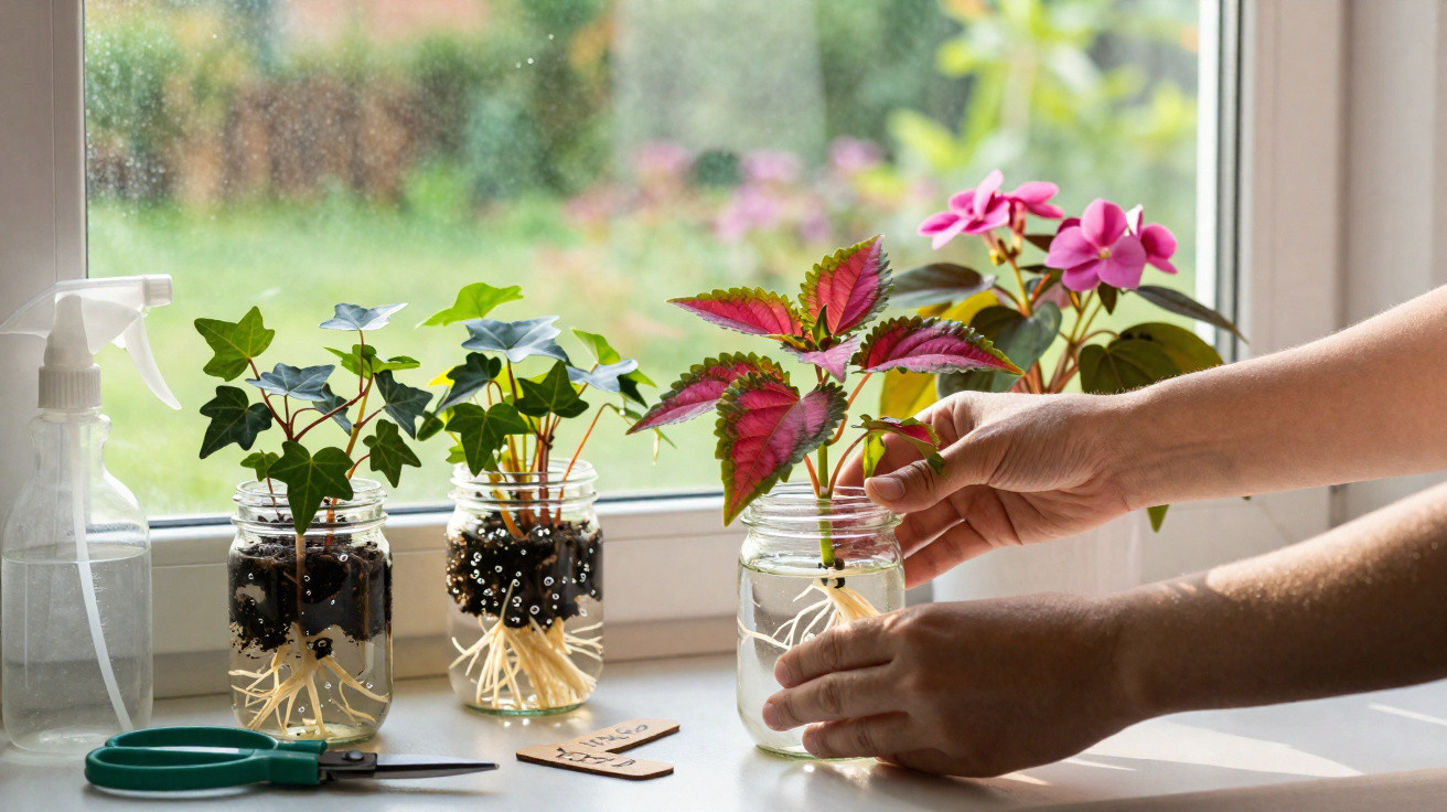 Hands placing a plant cutting with pink and green leaves into a water-filled glass jar on a sunny windowsill.